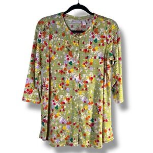 LOGO Layers by Lori Goldstein Womens Sz XS Cardigan Blouse Green Floral Colorful